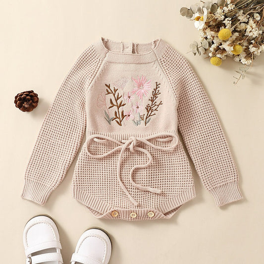 Embroidery Floral Baby Girls Sweater Romper Newborn Long Sleeve Knit