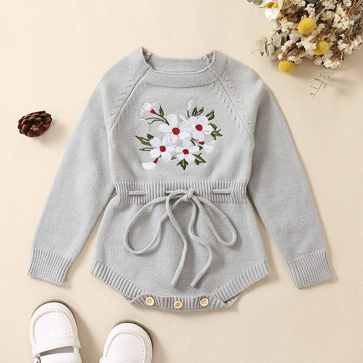 Embroidery Floral Baby Girls Sweater Romper Newborn Long Sleeve Knit