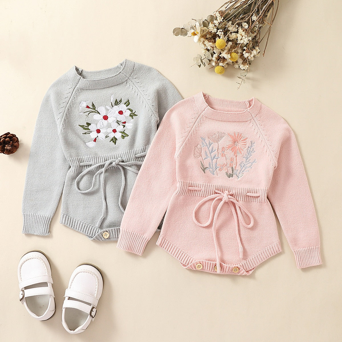 Embroidery Floral Baby Girls Sweater Romper Newborn Long Sleeve Knit