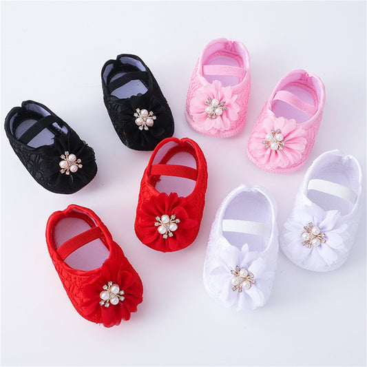 Infant Baby Girls Flats and Headband Soft Sole Non slip Pearl Flower