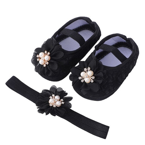 Infant Baby Girls Flats and Headband Soft Sole Non slip Pearl Flower