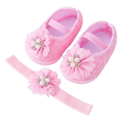 Infant Baby Girls Flats and Headband Soft Sole Non slip Pearl Flower