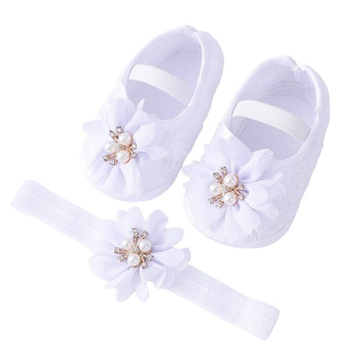 Infant Baby Girls Flats and Headband Soft Sole Non slip Pearl Flower