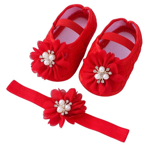 Infant Baby Girls Flats and Headband Soft Sole Non slip Pearl Flower