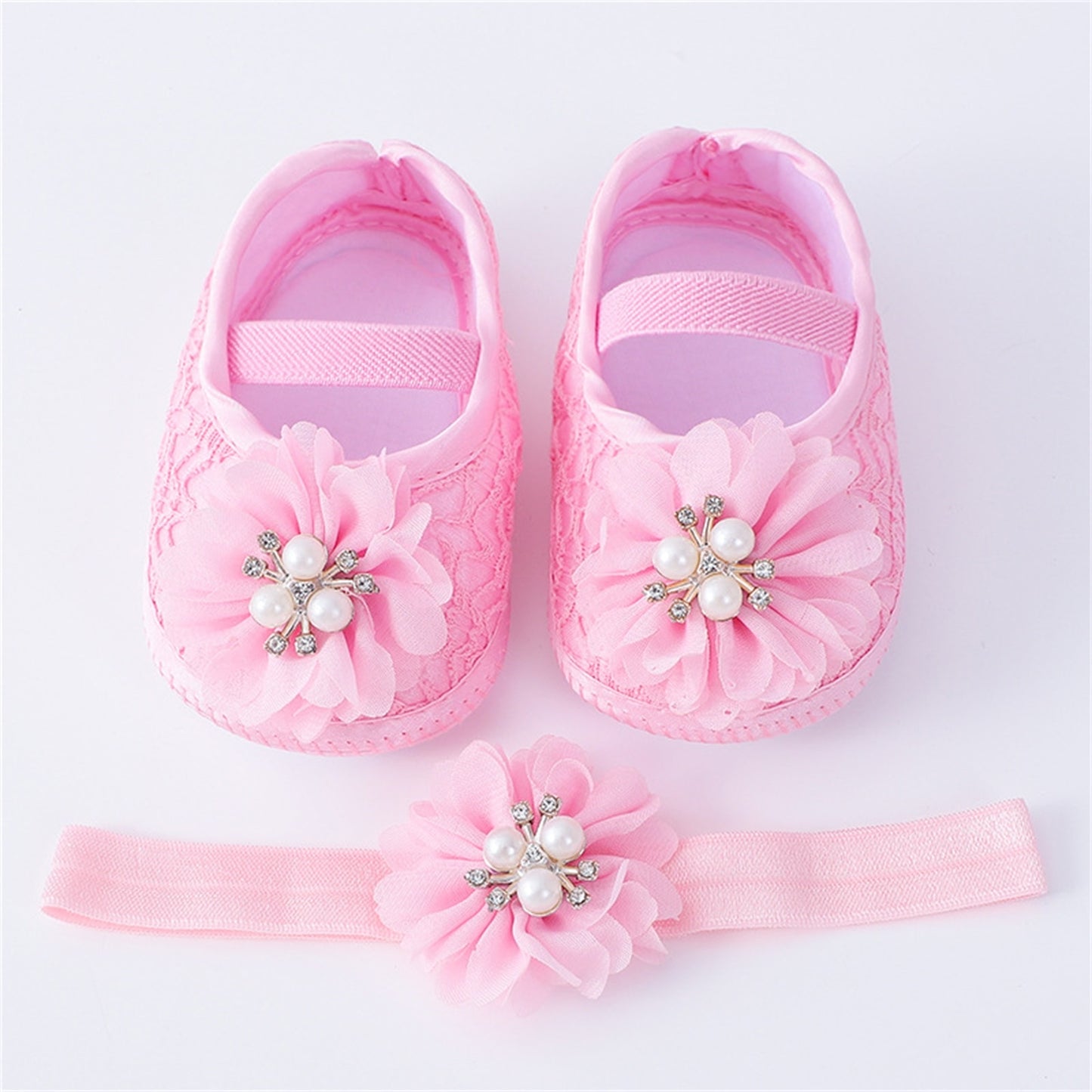 Infant Baby Girls Flats and Headband Soft Sole Non slip Pearl Flower