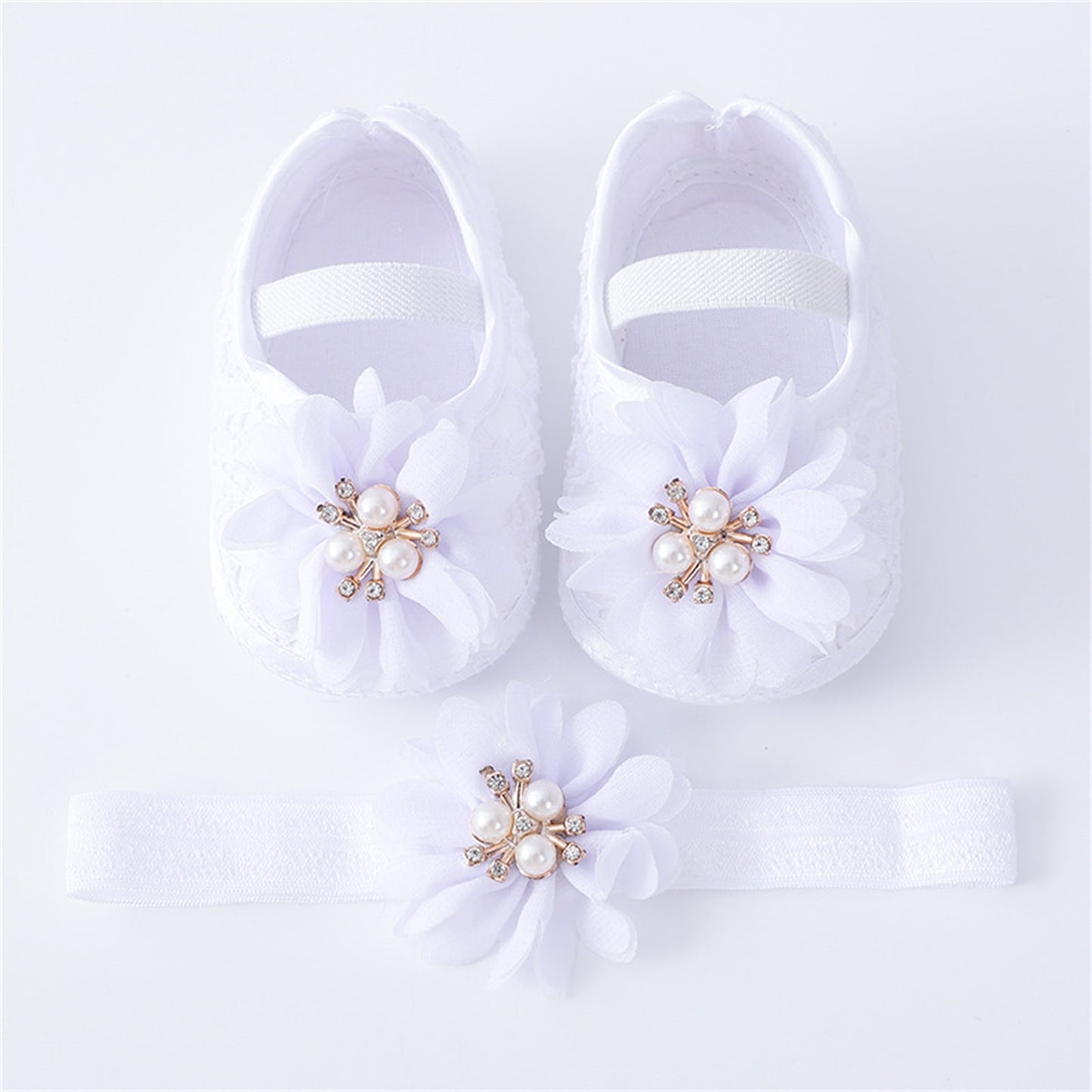 Infant Baby Girls Flats and Headband Soft Sole Non slip Pearl Flower