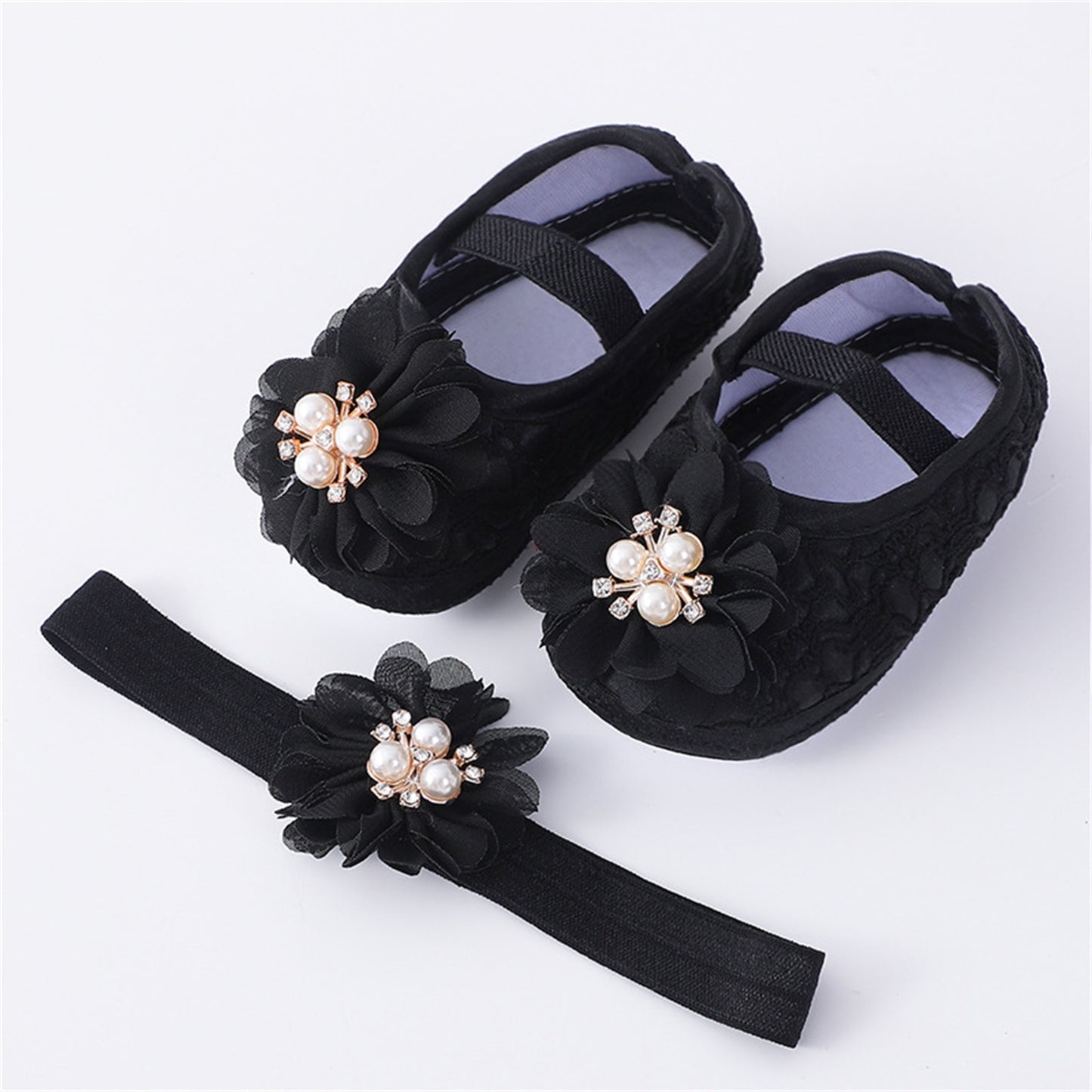 Infant Baby Girls Flats and Headband Soft Sole Non slip Pearl Flower