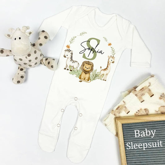 Personalised Babygrow Sleepsuit Forest Animal Wreath Print Baby