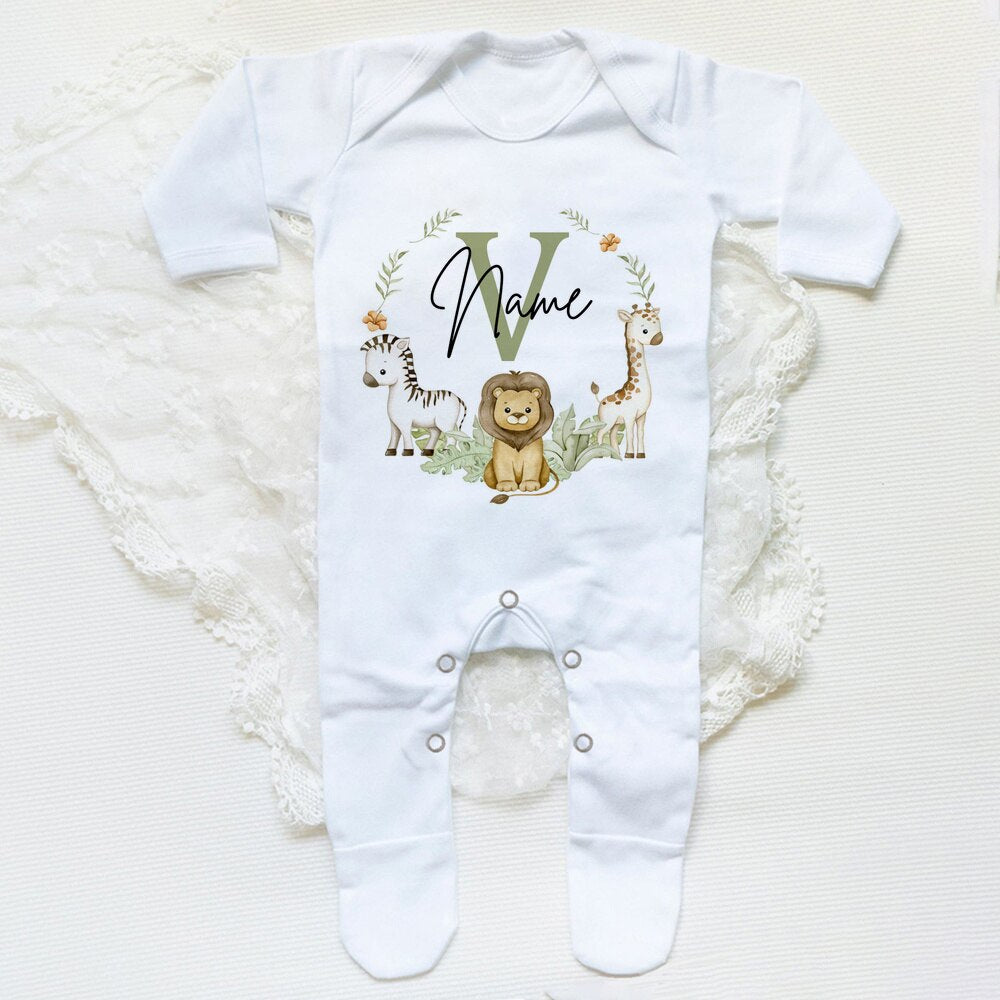 Personalised Babygrow Sleepsuit Forest Animal Wreath Print Baby