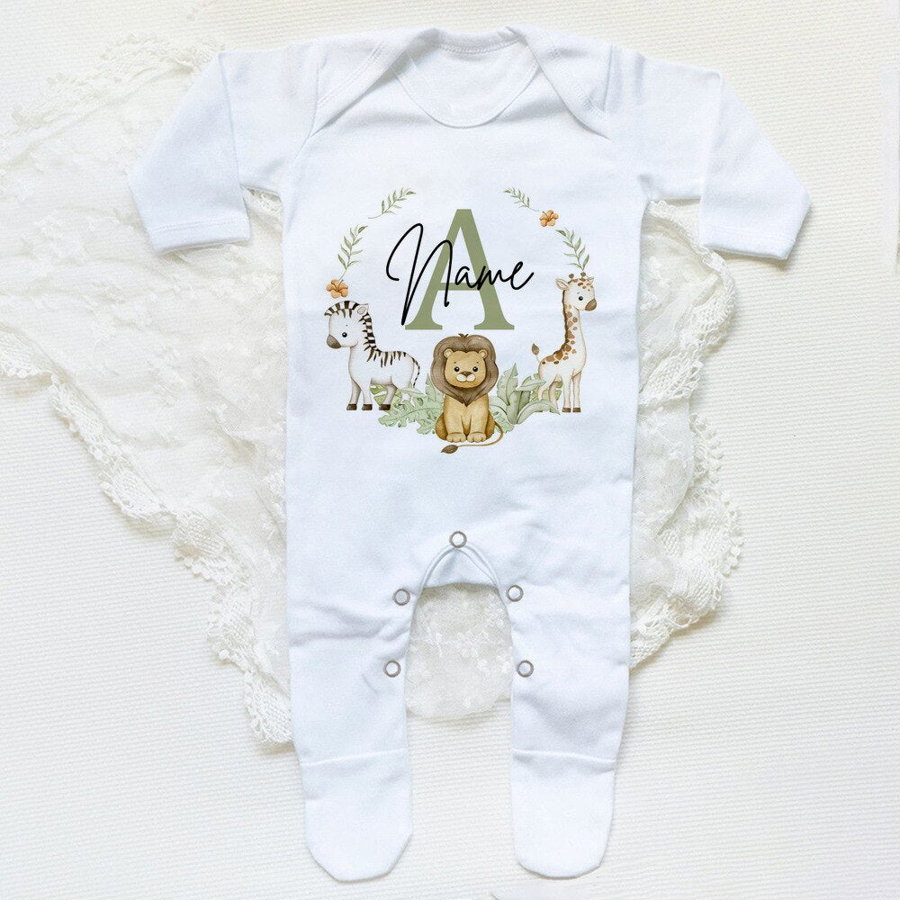 Personalised Babygrow Sleepsuit Forest Animal Wreath Print Baby